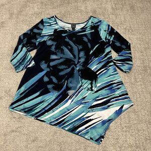 Clara Sun Woo Shirt Womens Large Black Aqua Floral Tunic Asymmetric 3/4 Sleeve